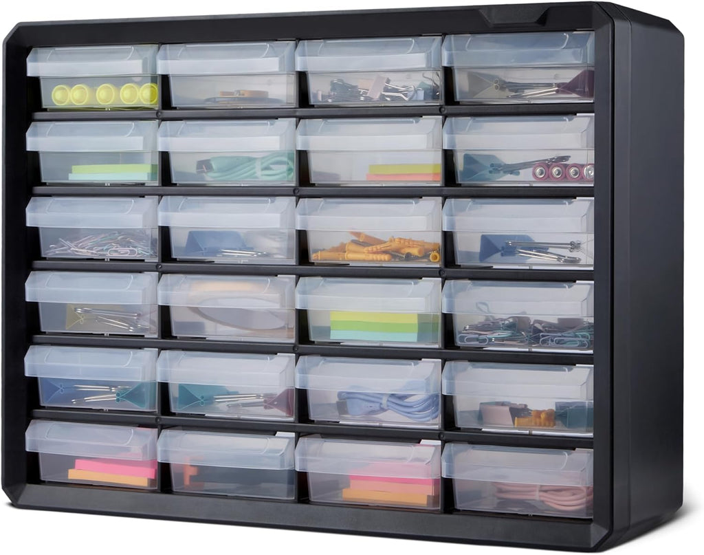 24-Drawer Plastic Storage Organizer with Dividers for Office/Craft/Tools, Wall Mountable, Sturdy, 6.3 x 21.3 x 15.8 inch, Black