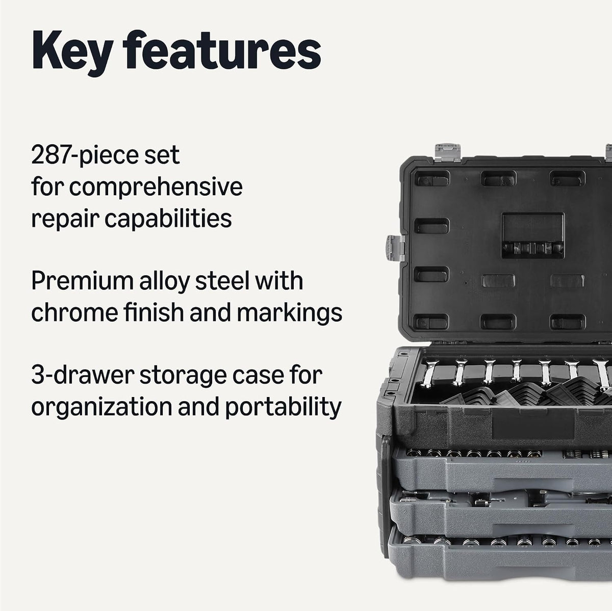 287-Piece Mechanic Socket Set with Quick-Release Ratchets, Wrenches, Bits, 1/4" 3/8" 1/2", Metric and SAE, 3-Drawer Case, for Auto and Machine Repairs