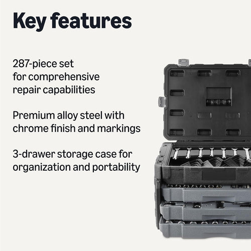 287-Piece Mechanic Socket Set with Quick-Release Ratchets, Wrenches, Bits, 1/4" 3/8" 1/2", Metric and SAE, 3-Drawer Case, for Auto and Machine Repairs