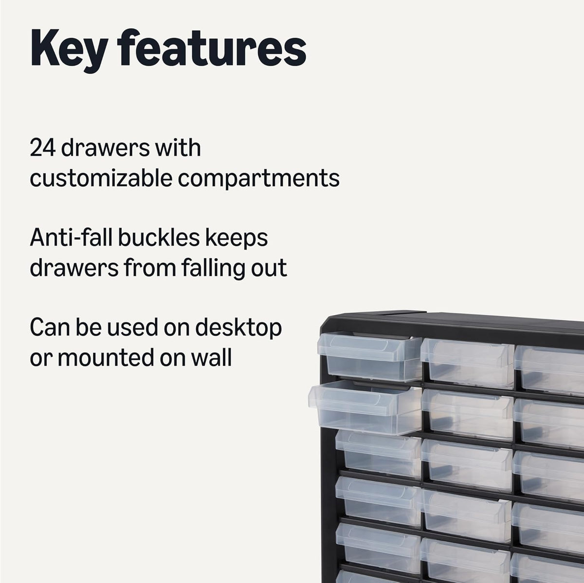 24-Drawer Plastic Storage Organizer with Dividers for Office/Craft/Tools, Wall Mountable, Sturdy, 6.3 x 21.3 x 15.8 inch, Black
