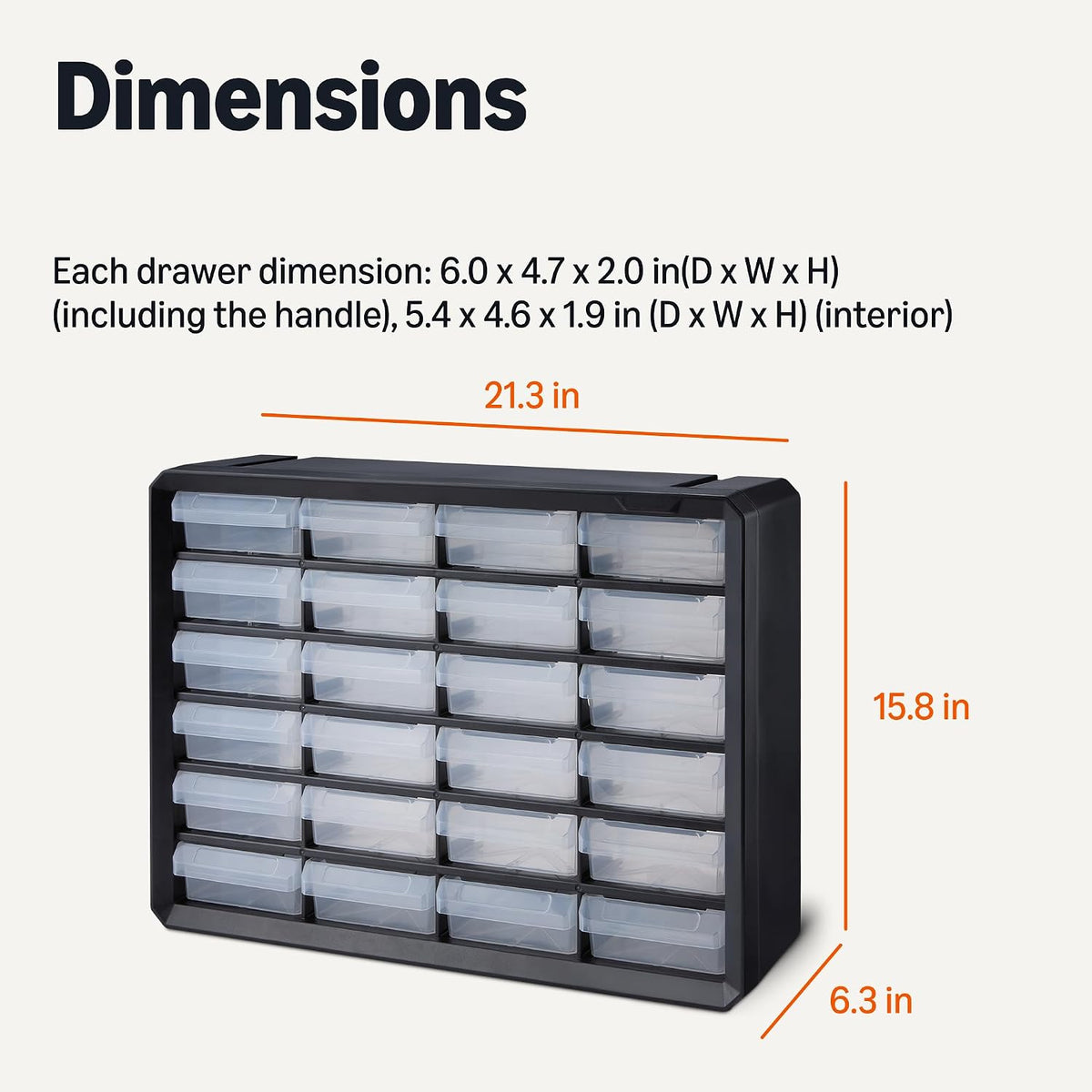 24-Drawer Plastic Storage Organizer with Dividers for Office/Craft/Tools, Wall Mountable, Sturdy, 6.3 x 21.3 x 15.8 inch, Black