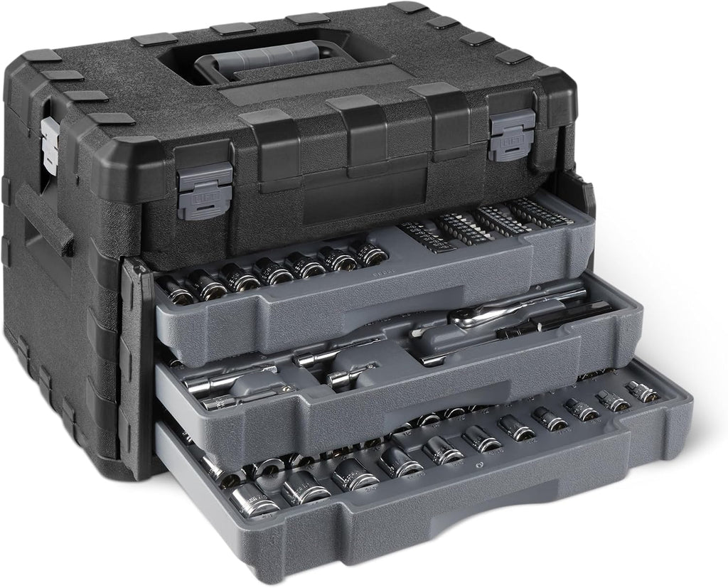 287-Piece Mechanic Socket Set with Quick-Release Ratchets, Wrenches, Bits, 1/4" 3/8" 1/2", Metric and SAE, 3-Drawer Case, for Auto and Machine Repairs