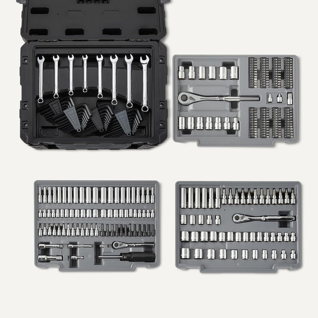 287-Piece Mechanic Socket Set with Quick-Release Ratchets, Wrenches, Bits, 1/4" 3/8" 1/2", Metric and SAE, 3-Drawer Case, for Auto and Machine Repairs