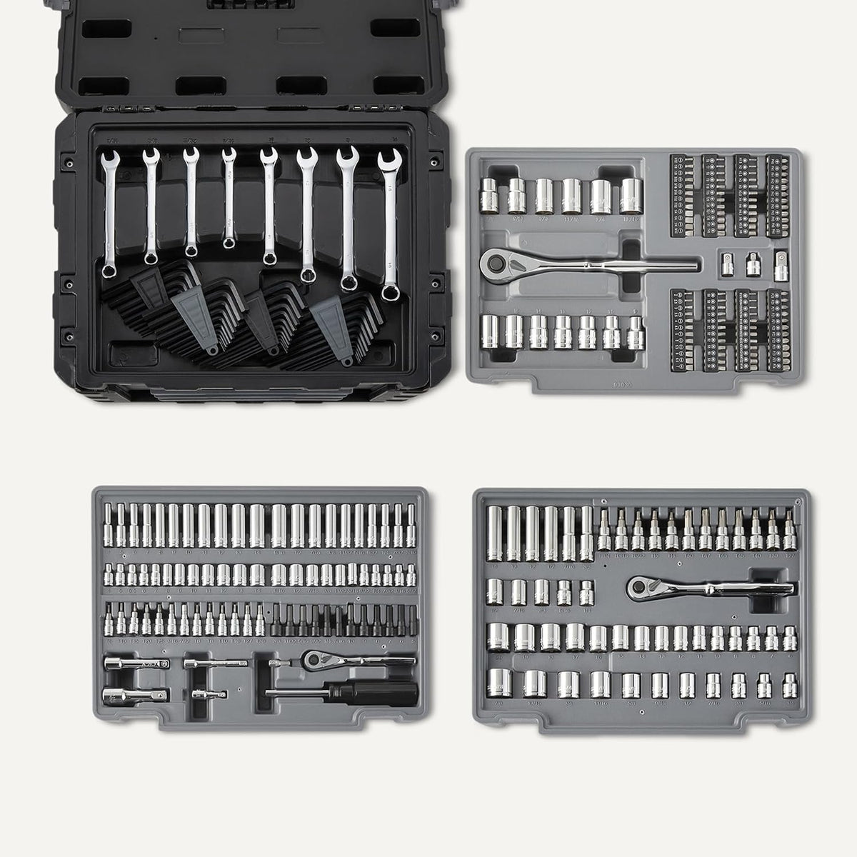 287-Piece Mechanic Socket Set with Quick-Release Ratchets, Wrenches, Bits, 1/4" 3/8" 1/2", Metric and SAE, 3-Drawer Case, for Auto and Machine Repairs