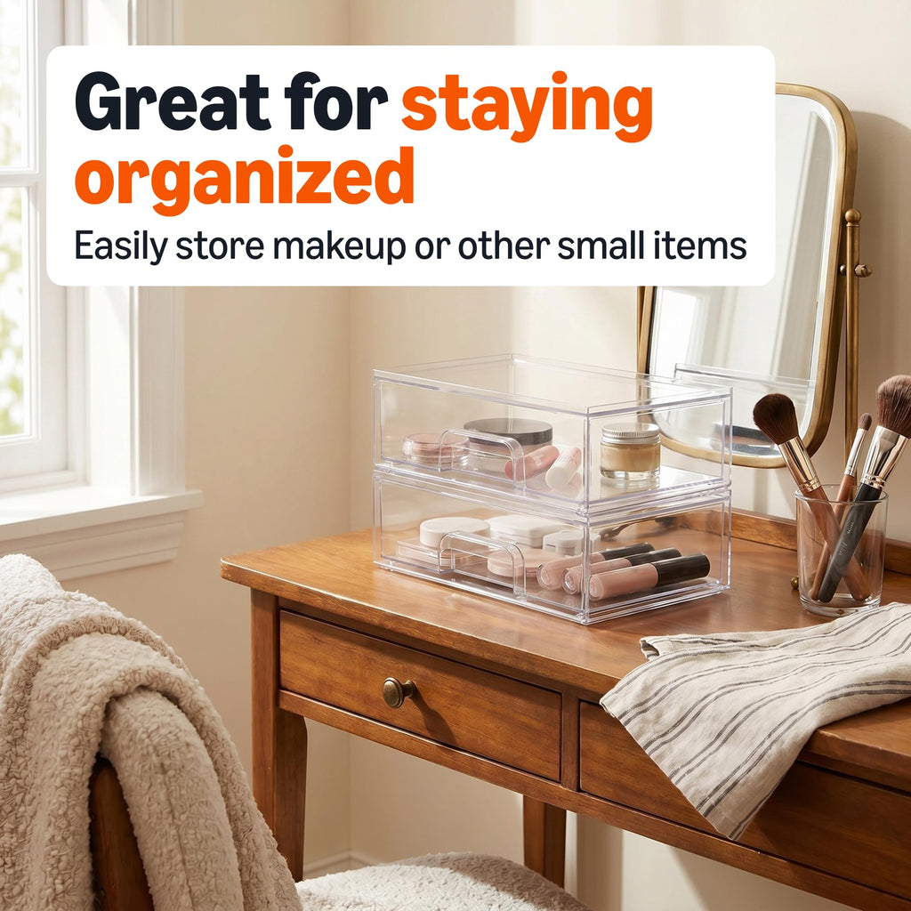 Stackable Plastic Storage Makeup Organizer Drawers, Clear, 7.5" x 6" x 4.5", 4-Pack